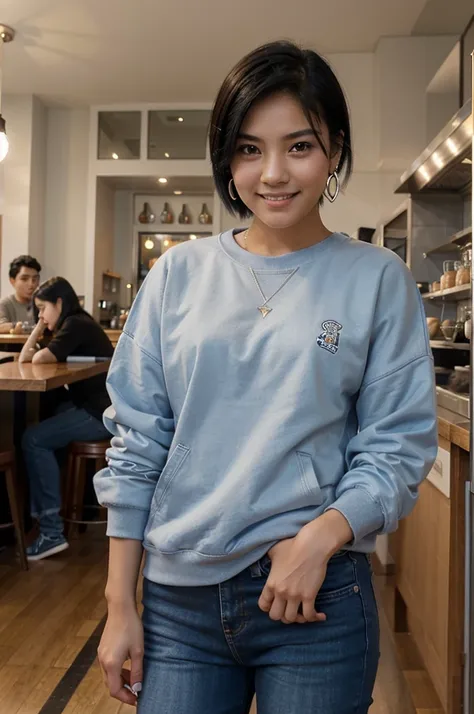 tomboy Asian girl, with short black hair, a beautiful smile, and sapphire eyes, wearing a sweatshirt and jeans, earrings, aged around 24, wearing Rosario, at cafe