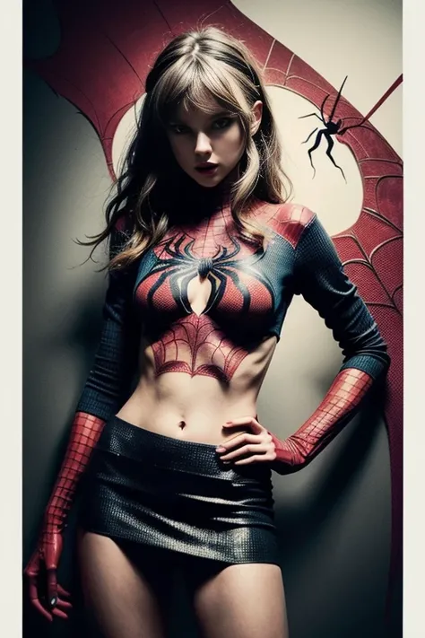 Taylor Swift、Sticking out the navel、newyork、She wears a torn Spider-Man suit,wearing skirt、 Red and black color scheme,Dynamic、​masterpiece、top-quality、ultra-detailliert、ighly detailed、beautiful detailed brilliance、超A high resolution