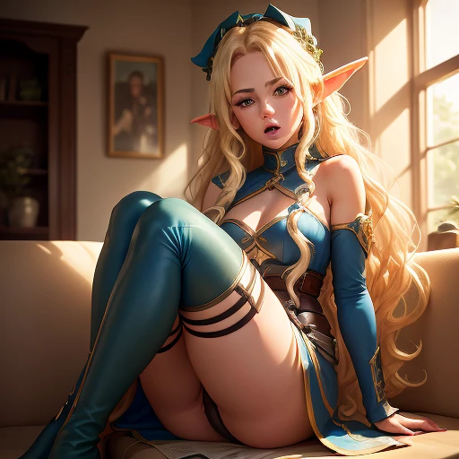 A  girl, 25 years old with blue eyes, blonde woman, long wavy hair, Beautiful Character Face. thigh boots.    Sitting on the couch in the office, olhando (The Work of the Little Green Goblins:1.3). Half-open mouth.  full-length photo. side-view. higly deta...