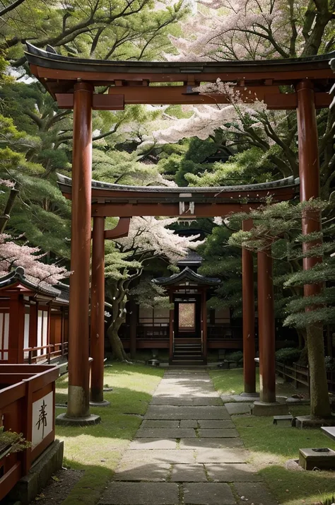 a serene scene in Japan, with vibrant red temple arches gracefully lining a pathway. The arches stand tall and proud, their bold color contrasting against the lush greenery that surrounds them. Cherry blossom trees frame the view, their delicate pink petal...