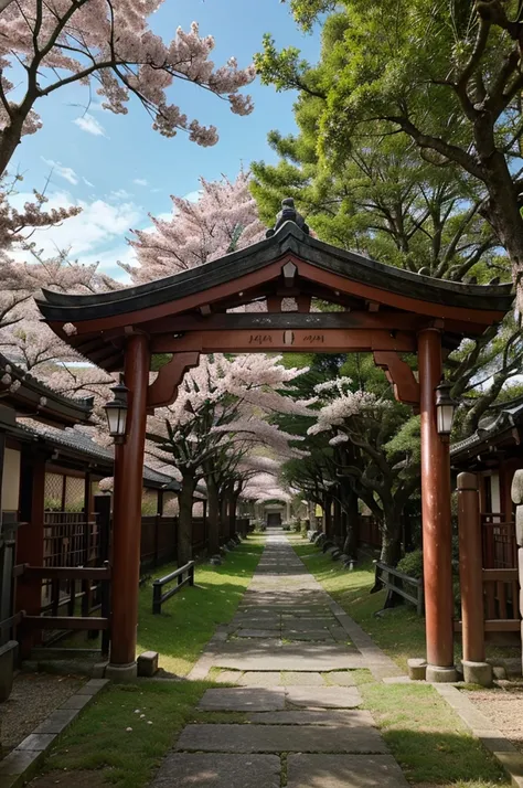 a serene scene in Japan, with vibrant red temple arches gracefully lining a pathway. The arches stand tall and proud, their bold color contrasting against the lush greenery that surrounds them. Cherry blossom trees frame the view, their delicate pink petal...