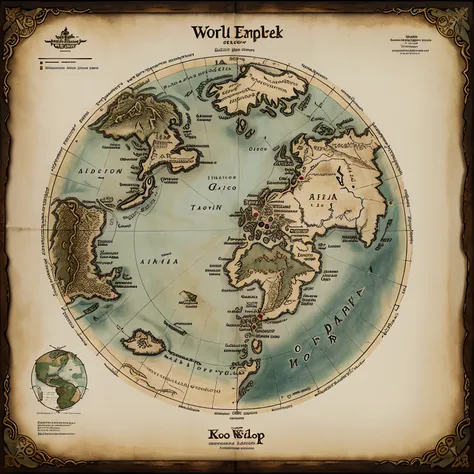 Sheet map, world, Middle-earth Tokkien World Style, several small continents, fantasy world