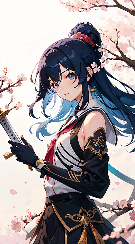 Anime girl with blue hair holding a sword in front of a cherry blossom tree, Rosla 1. 0, :: rossdraws, rossdraws 2. 5, rossdraws 2. 0, Ross Rush digital painting, rossdraws sakimimichan, Artgerm and Atey Ghailan, style of anime4 K, artgerm and rossdraws