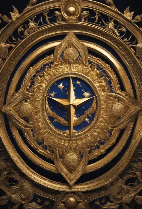 Eu sou alto, esguio, roupa branca com bordas cor de ouro, symbol of the Intergalactic Confederation, which is a golden circle with a 6-pointed star, Navi blue skin and golden crown with golden circle in the middle and 6-pointed star in the middle.