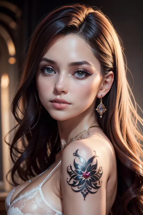 ultra high-resolution, master part, melhor qualidade, HDR , cinematic picture, Beautiful woman, Rosto em close . muito detalhado , Cabelos castanhos claros desarrumados, olhar meigo , Detailed lips , sombras muito definidas , Luxurious and rare jewelry , a...