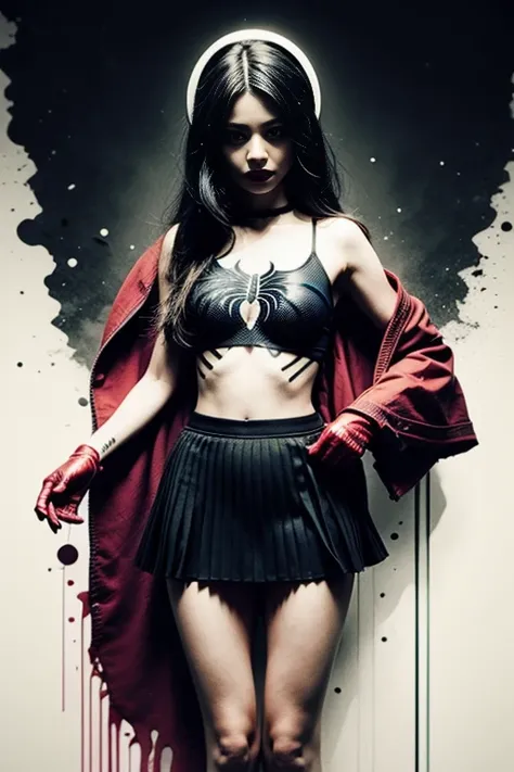 Selena Gomez、Sticking out the navel、newyork、She wears a torn Spider-Man suit,wearing skirt、 Red and black color scheme,Dynamic、​masterpiece、top-quality、ultra-detailliert、ighly detailed、beautiful detailed brilliance、超A high resolution