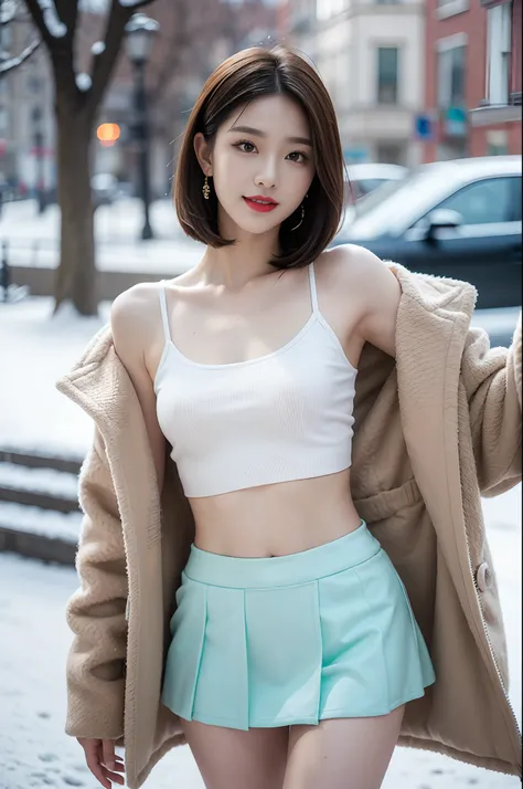 best quality, 4k, 8k, Detailed faces, clear face, a pretty girl, Korean makeup, Red lips,laugh, perfect body,shoulder length straight bob hair,small breasts,thigh,slim,thin, The girl wears a long and wide mint fur coat, Underneath the jacket was shirt and ...