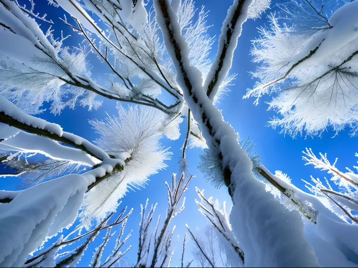 The hanging branches were covered with snow and frost，Against the blue sky, Frost, Ice crystals, jungian symbols of winter, Winter snow, （Snow-capped branches）, Large close-up，View from below, fisheyes view，inspired by Arthur Burdett Frost, Snow and ice, S...