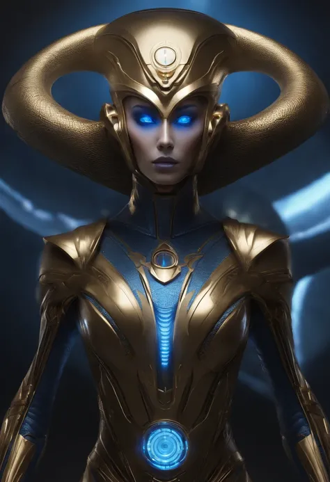 "A blue alien, alto e esguio, with an elongated light head, olhos e nariz grandes, Body wearing a realistic futuristic alien costume with a golden crown with a golden circle and a 6-pointed star in the middle, symbol of the Intergalactic Confederation. Ele...