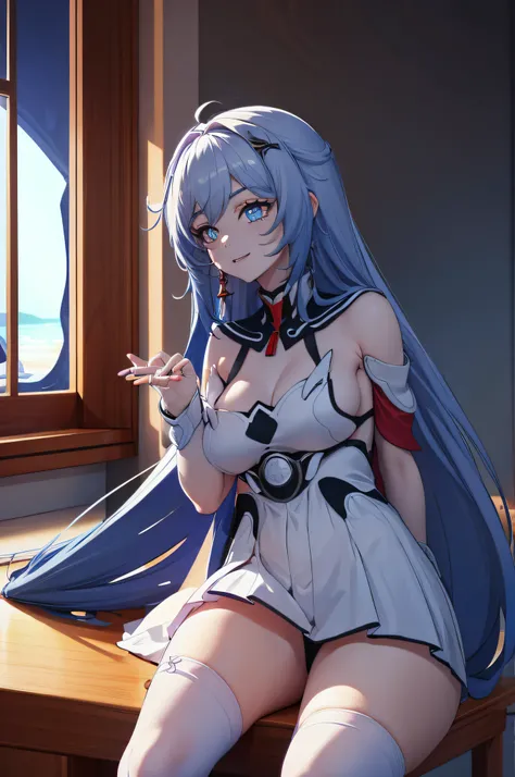 long whitr hair,blue colors,a sailor suit,White stockings,Sock rings,big chest,a beauty girl,pupils,Seductive laughter,sitting  sideways,hand on leg,inside in room,eventide, big ass, thick thighs,