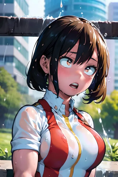 top-quality、超A high resolution、(Photorealsitic:1.4)、女の子1人、(Woman without clothes:1.3)、(huge-breasted:1.7)、looking at viewert、a closeup、full body Esbian、(Its raining heavily:1.5)、(the whole body is wet:1.5)、red blush