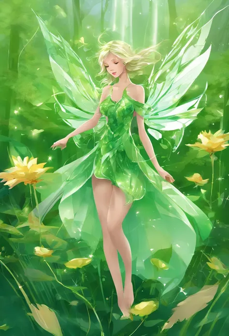 little fairys，The transparent wings of the little fairy，Flying，Green dress，Green wind，Full body like，Meadow woods，(refractions,Reflection:1.3)，Petals and leaves scattered