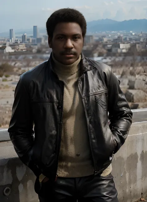 rr1 headshot, man, solo, man in leather jacket,  full body, full body shot, city in the background, no background, png, natural ...