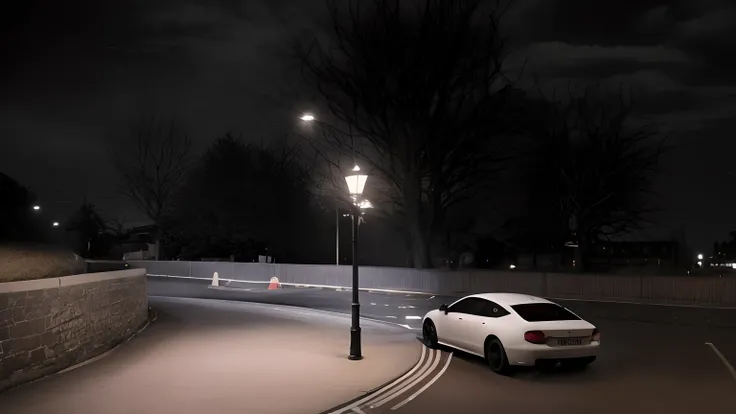 Alafis car parked on the street at night，There are street lights, street lighting, streetlight at night, Street lights, atmospheric cold lighting, the street lights, streetlight, the street lights, Under street lights, ultra realistic lighting, atmospheric...