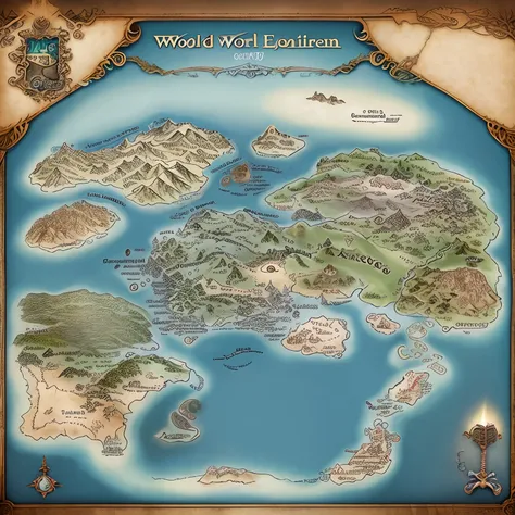 Sheet map, world, Middle-earth Tokkien World Style, several small continents, fantasy world