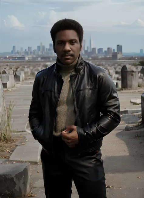 rr1 headshot, man, solo, man in leather jacket,  full body, full body shot, city in the background, no background, png, natural ...