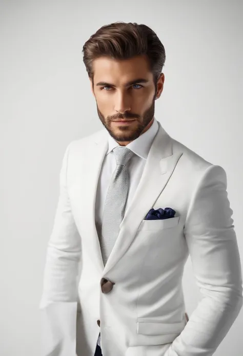 high quality photo of a handsome and elegant man, staring at the camera, dressed in a suit, white background