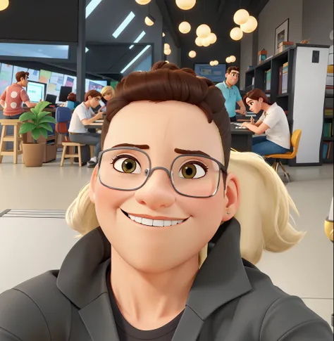 mulher de cabelo igual de homem, estilo pixar, alta qualidade, melhor qualidade em um fundo de home office