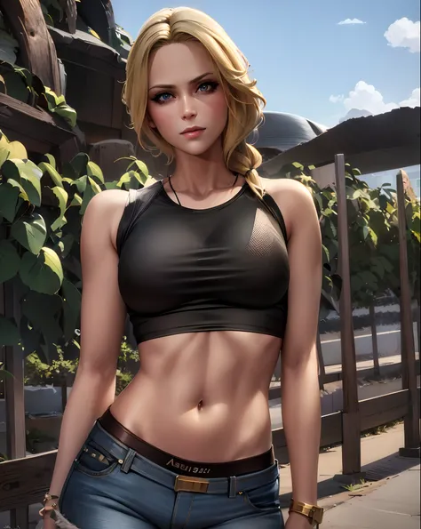 blond woman in black top and jeans posing for a picture, realistic shaded perfect body, wearing a sexy cropped top, perfectly shaded body, rendered in sfm, realistic artstyle, semi - realistic render, photorealistic artstyle, casual pose, sport bra and shi...