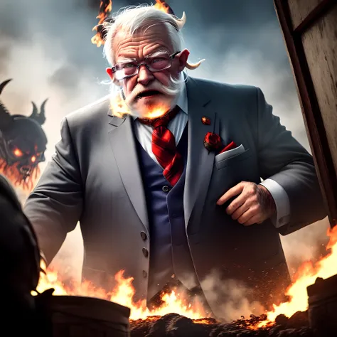 AN OLD MAN, SHORT, WHITE HAIR, WHITE BEARD, A LITTLE OVER WEIGHT, WEARING A SUIT AND RED TIE, BEING RECEIVED INTO A PLACE WITH A LOT OF FIRE, DESTRUCTION AND PEOPLE INJURED BY A SCARY CREATURE WITH HORNS