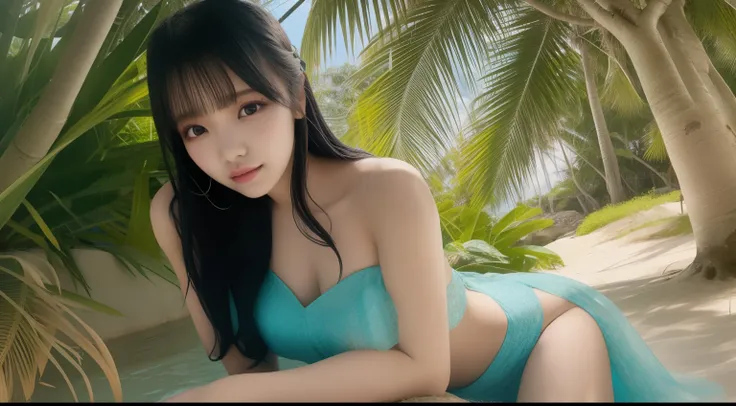 (girl student), (Bare shoulders),, huge breasts, long black hair, bangs, sitting on a beach with clear blue water, under a shady coconut tree (Best quality, Super detailed), (Paradise starlight), (Shrouded in light), (Beautiful and mysterious),