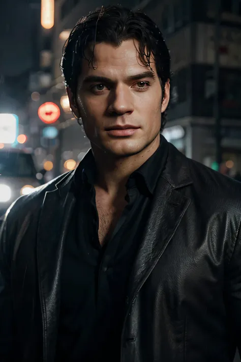 Henry Cavill, portrait, front view, detective in the rain