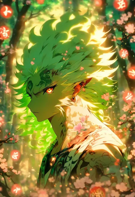 The most beautiful and enchanted wolf spirit, white hair, glowing green eyes, tons of tattoos and piercings, in the most beautiful enchanted forest, graffiti and kanji elements in the background, cherry blossoms blowing in the wind, highly detailed, perfec...