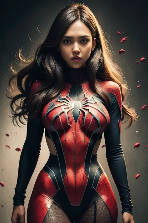 Jessica Alba、Sticking out the navel、newyork、She wears a torn Spider-Man suit,wearing skirt、 Red and black color scheme,Dynamic、​masterpiece、top-quality、ultra-detailliert、ighly detailed、beautiful detailed brilliance、超A high resolution