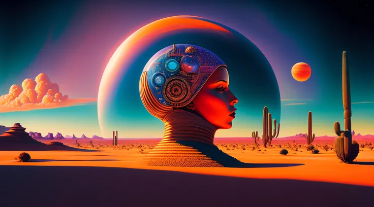 Theres a woman with her head in the middle of a desert, symmetrical portrait scifi, futuristic, mystical, ethereal, inspired by Core World, Tomorrowland, Festival, Beeple e Jean Giraud, Realismo | Bipe, Obra-prima de Beeple, Bipe. hiper-Realismoo, beeple d...