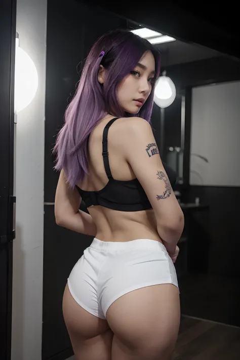 araffe in a black bra top and white shorts in a night city, korean girl, gorgeous young korean woman, back pose, in shorts, cottagecore!! fitness body, toned derriere, thicc, side pose, beautiful south korean woman, booty shorts, 2 4 year old female model,...