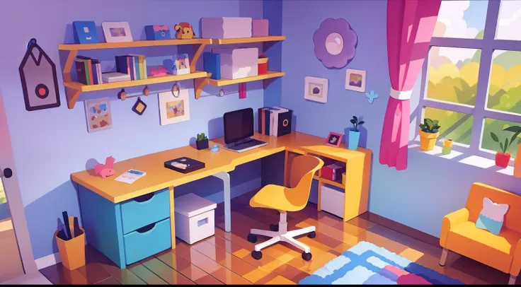 Model room、No Man、Stable composition、Eye view、childs room、Small desk、Small cabinet、plushies、natural color