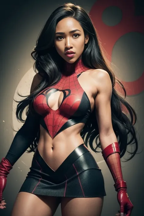 Candice Patton、Sticking out the navel、newyork、She wears a torn Spider-Man suit,wearing skirt、 Red and black color scheme,Dynamic、​masterpiece、top-quality、ultra-detailliert、ighly detailed、beautiful detailed brilliance、超A high resolution