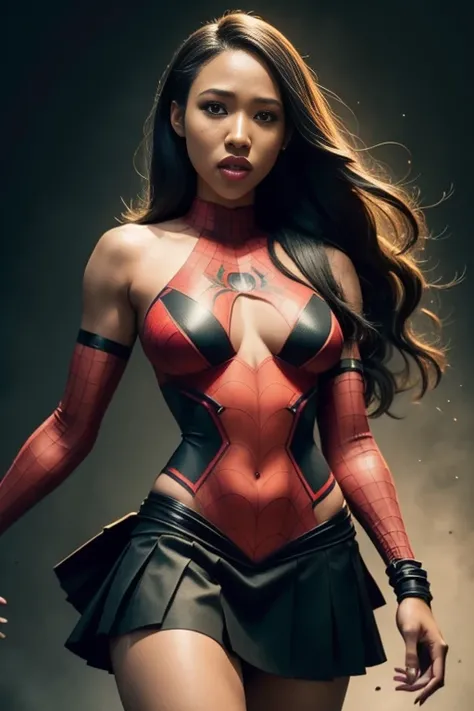 Candice Patton、Sticking out the navel、newyork、She wears a torn Spider-Man suit,wearing skirt、 Red and black color scheme,Dynamic、​masterpiece、top-quality、ultra-detailliert、ighly detailed、beautiful detailed brilliance、超A high resolution