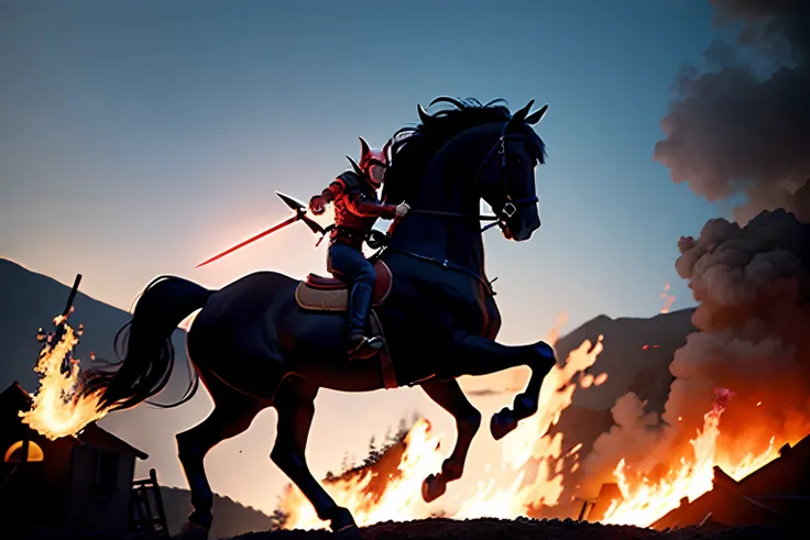 The demon horse attacks the village with a fire spear in hand