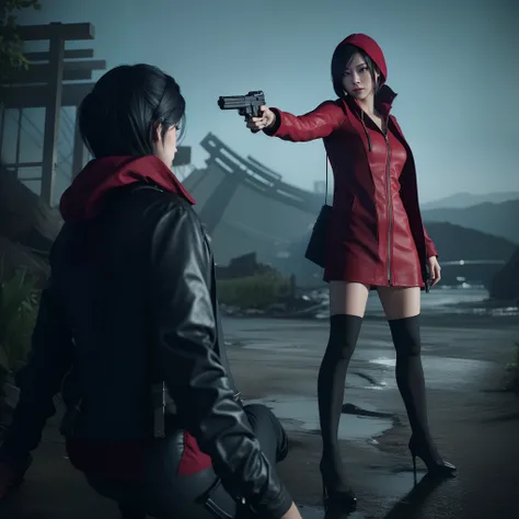 Ada wong, beautiful face, detailed, bob hair, perfect Face, wearing mini red dress hoody, wearing hoody, black nail polish, friendly face, glare, red heels, holding a gun