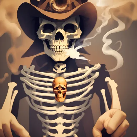 Skeleton cowboy smoking a cigar and the smoke is coming out the eyesockets in the shape of a skull