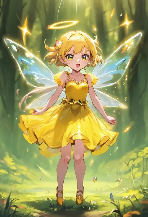 little fairys，The transparent wings of the little fairy，Flying，Yellow dress，，Full body like，Meadow woods，(refractions,Reflection:1.3)，Scratch the surface，Faraway view，Long shots