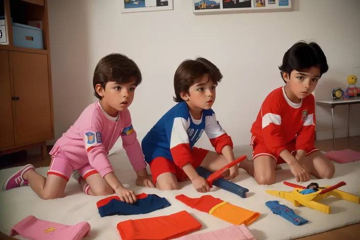 year: 1985. Location: Galicia, Spain. Three Pre-raphelite (((10-year old boys))), playing with toy swords, bedroom, ((((Clothing from the 1980s)))) ((1980s hairstyle)), ((("OMITB" cinematography)))