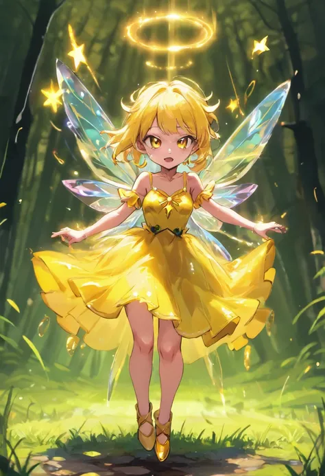 little fairys，The transparent wings of the little fairy，Flying，Yellow dress，，Full body like，Meadow woods，(refractions,Reflection:1.3)，Scratch the surface，Faraway view，Long shots