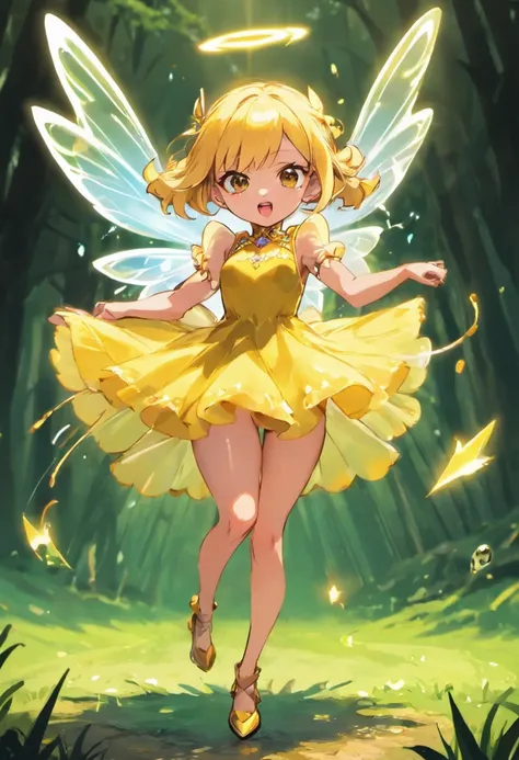 little fairys，The transparent wings of the little fairy，Flying，Yellow dress，，Full body like，Meadow woods，(refractions,Reflection:1.3)，Scratch the surface，Faraway view，Long shots