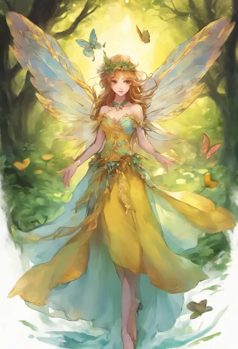 little fairys，The transparent wings of the little fairy，Flying，Yellow dress，，Full body like，Meadow woods，(refractions,Reflection:1.3)，Scratch the surface，Faraway view，Long shots