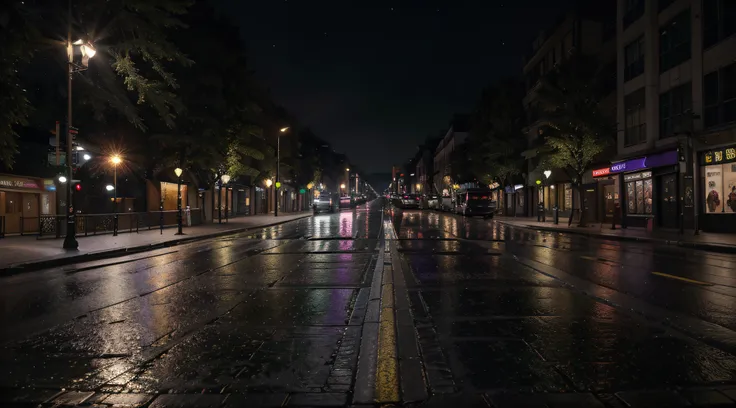 A real beautiful shot, a masterpiece, 8k image quality, ultra wide, great image sharpness with very high details, on the street, dark night air, wet asphalt, two street corners with beautiful trees and luxury pedestrian lights, with light and shadows Purpl...