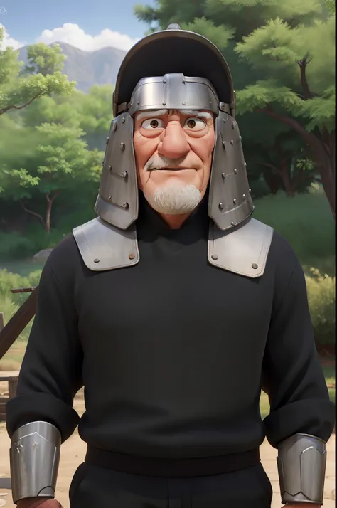 life adaption of this character, Old grandfather, realistic outfit wearing Iron head armor ,muscular body,realistic light, realistic shadow, hyper realistic, realism,(photorealistic:1.2),