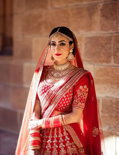 a woman in a red and gold bridal dress poses for a picture, traditional beauty, traditional, with intricate details, wearing red...