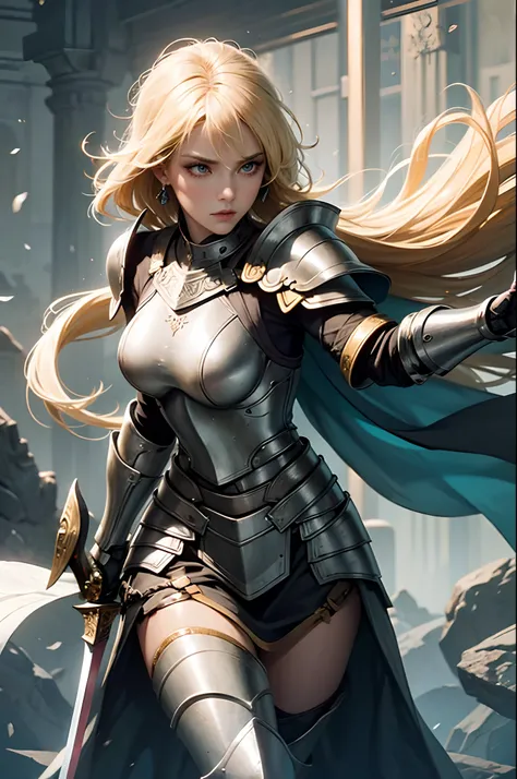 Female warrior, blonde, fierce eyes, beautiful armor,  holding a sword. Focus