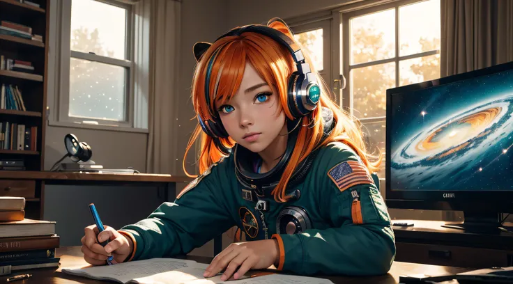 {{masterpiece}}, best quality, extremely detailed CG unity 8k wallpaper, anime style, cinematic lighting, lens flare, astronaut seat on desk full of books and computer, fine freekles, orange racoon pet, window, colorful galaxies outside, listening headphon...