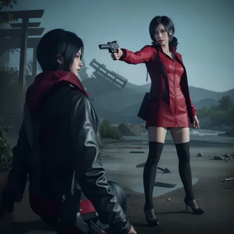 Ada wong, beautiful face, detailed, bob hair, perfect Face, wearing mini red dress hoody, wearing hoody, black nail polish, friendly face, glare, red heels, holding a gun