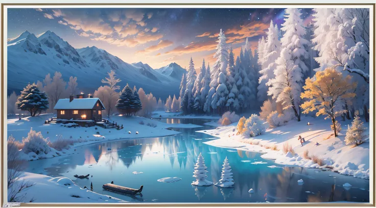 Starry night, Rime landscape，Snow-capped trees，Frost mist，Northern Lights, Towering snow-capped mountains, bonfires，cottage house covered in snow,A snowy hideaway, reindeer,yukito,sled,Winter wonderland,Vibrant colors, ​​clouds,Mist,New Moon,milky ways, Su...