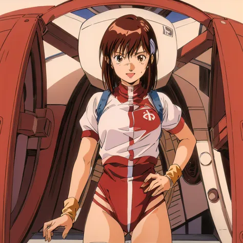 masutepiece,Best Quality,Solo,
Looking at Viewer,Smile,Open mouth,
Noriko Takaya,1girl in,
Medium Hair,Brown hair,Brown eyes,
head band,
Short sleeves,Leotards under clothes,
wristbands,