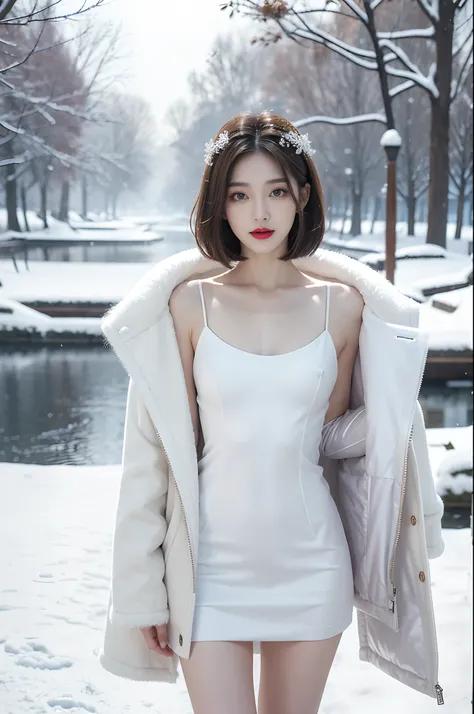 best quality, 4k, 8k, Detailed faces, clear face, a pretty girl, Korean makeup, Red lips,laugh, perfect body,shoulder length straight bob hair,small breasts,thigh,slim,thin, The girl wears a wide white mink fur coat, Underneath the jacket was see through w...